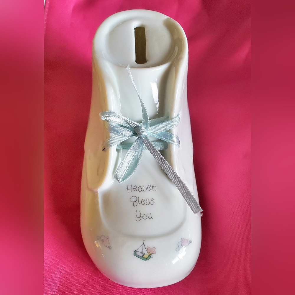 Precious Moments White Ceramic Shoe with Blue Ribbon